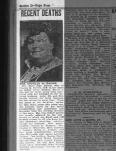 09 Mar 1924 Portland Sunday Telegram, p.36: death of  Mary Jane Davies, wife of Charles M. Davies